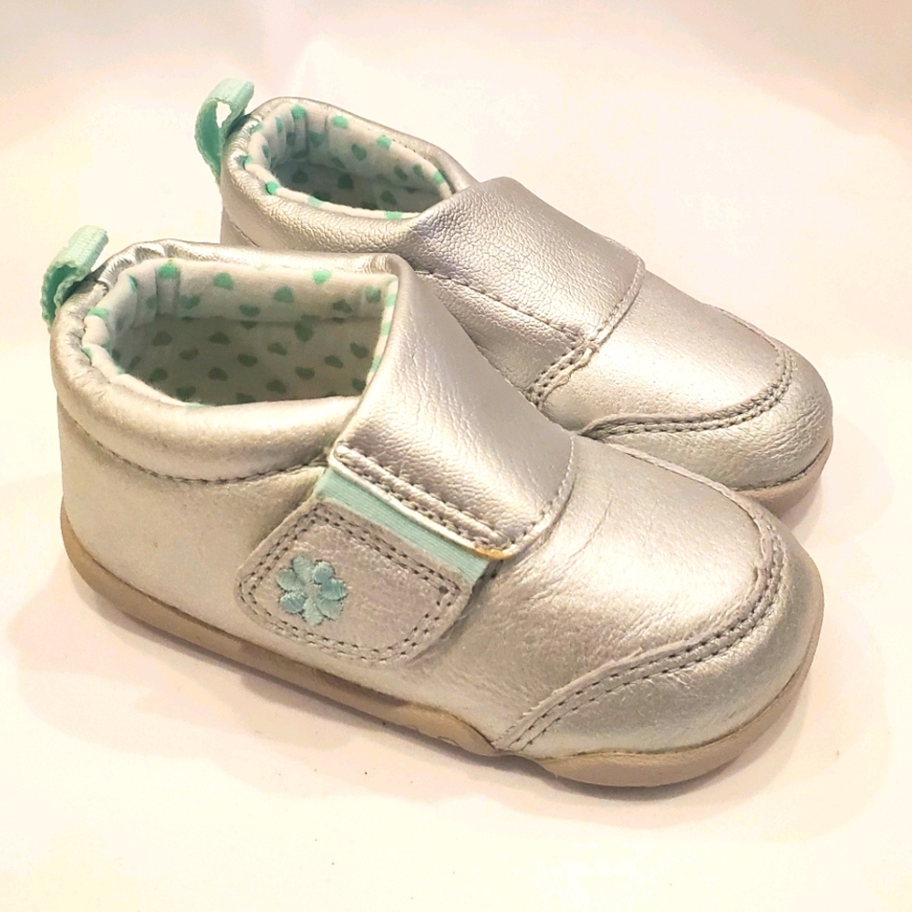 Silver leather first walking shoes